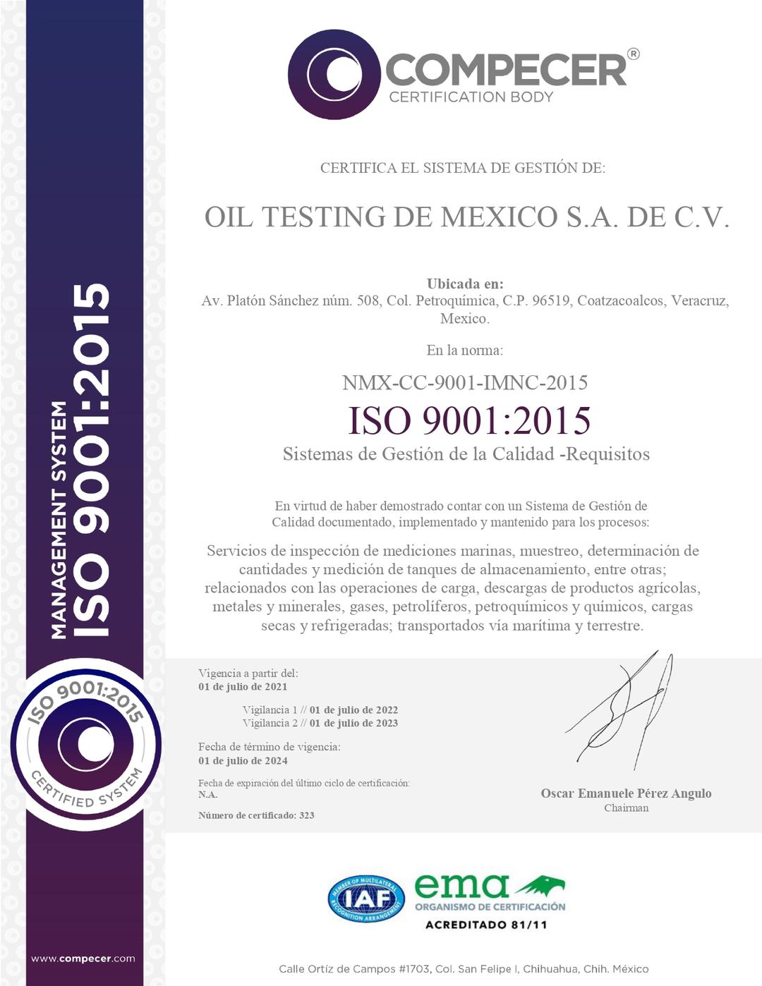 Oil Testing Acreditación ISO 9001:2015